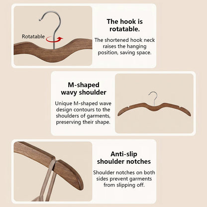 Short-Neck Solid Wood Hanger, M-Shaped Non-Slip Space-Saving Clothes Hanger