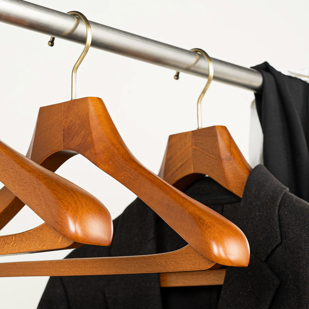 Wide Shoulder Beech Wood Suit Hangers with Trouser Bar & 360° Swivel Hook