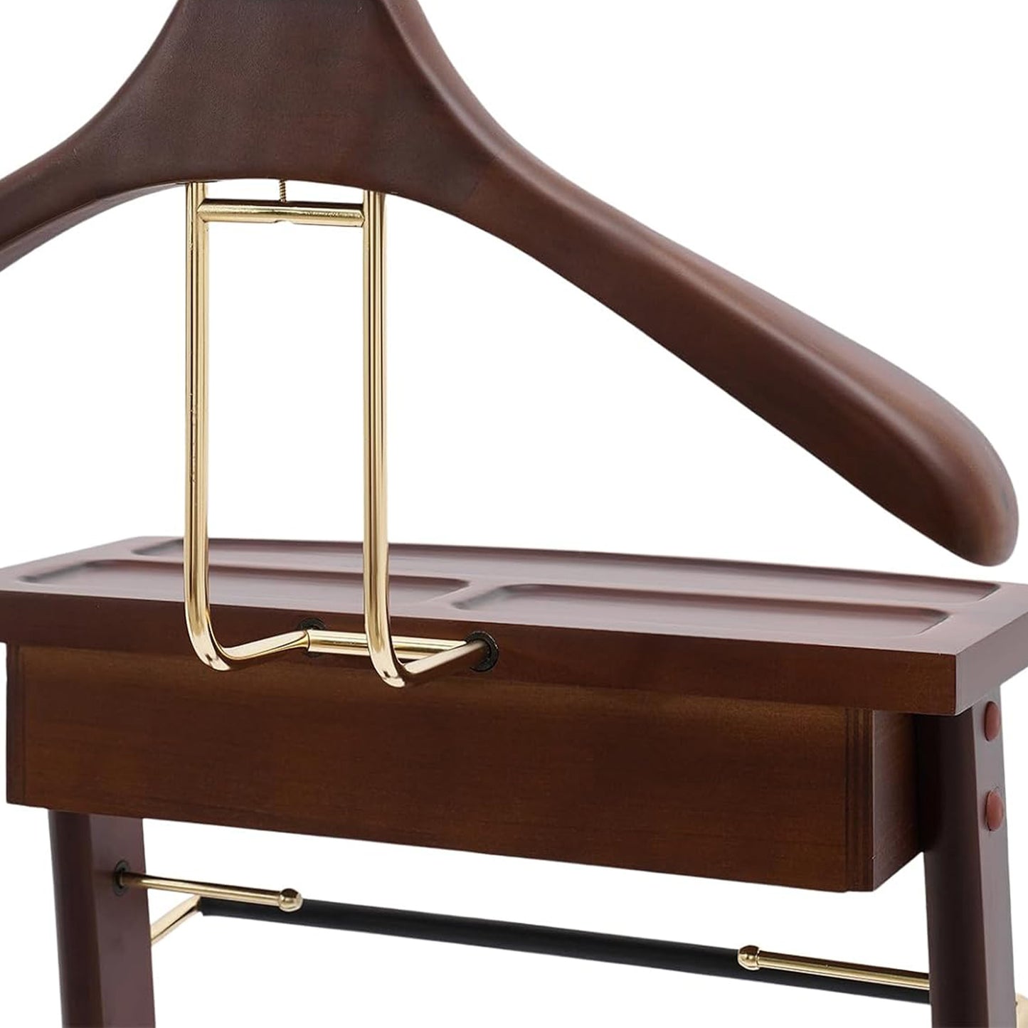 Luxury Solid Wood Suit Valet Stand with Brass Accents – Freestanding Clothes Organizer