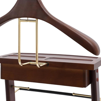 Luxury Solid Wood Suit Valet Stand with Brass Accents – Freestanding Clothes Organizer