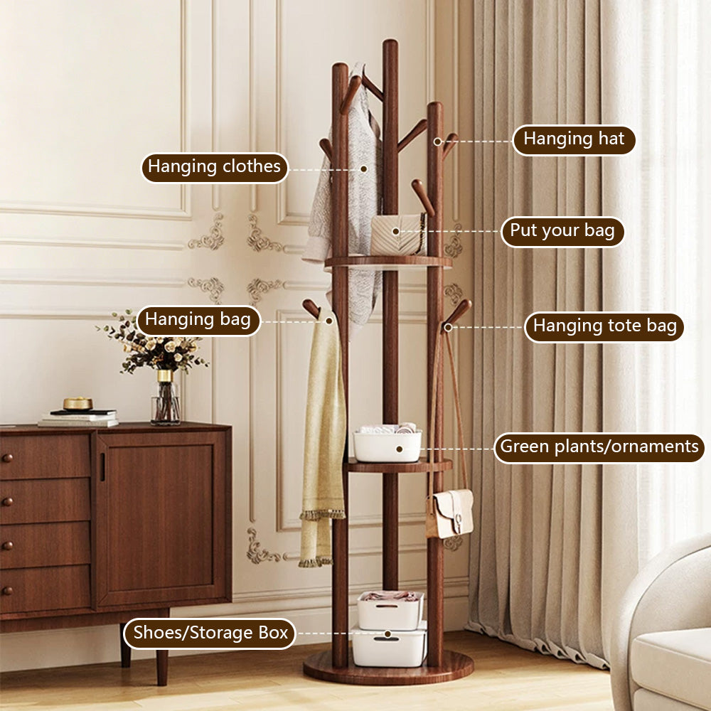 Freestanding Wood Coat Rack & Clothing Rack with Shelves – 360° Rotating Floor Stand