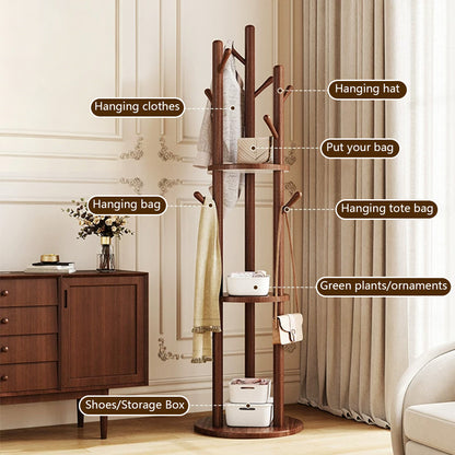 Freestanding Wood Coat Rack & Clothing Rack with Shelves – 360° Rotating Floor Stand