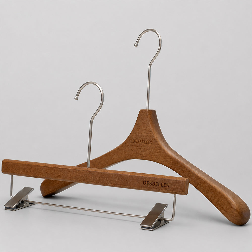 Beech Wood Clothes Hangers with Pants Clips and Custom Logo for Retail