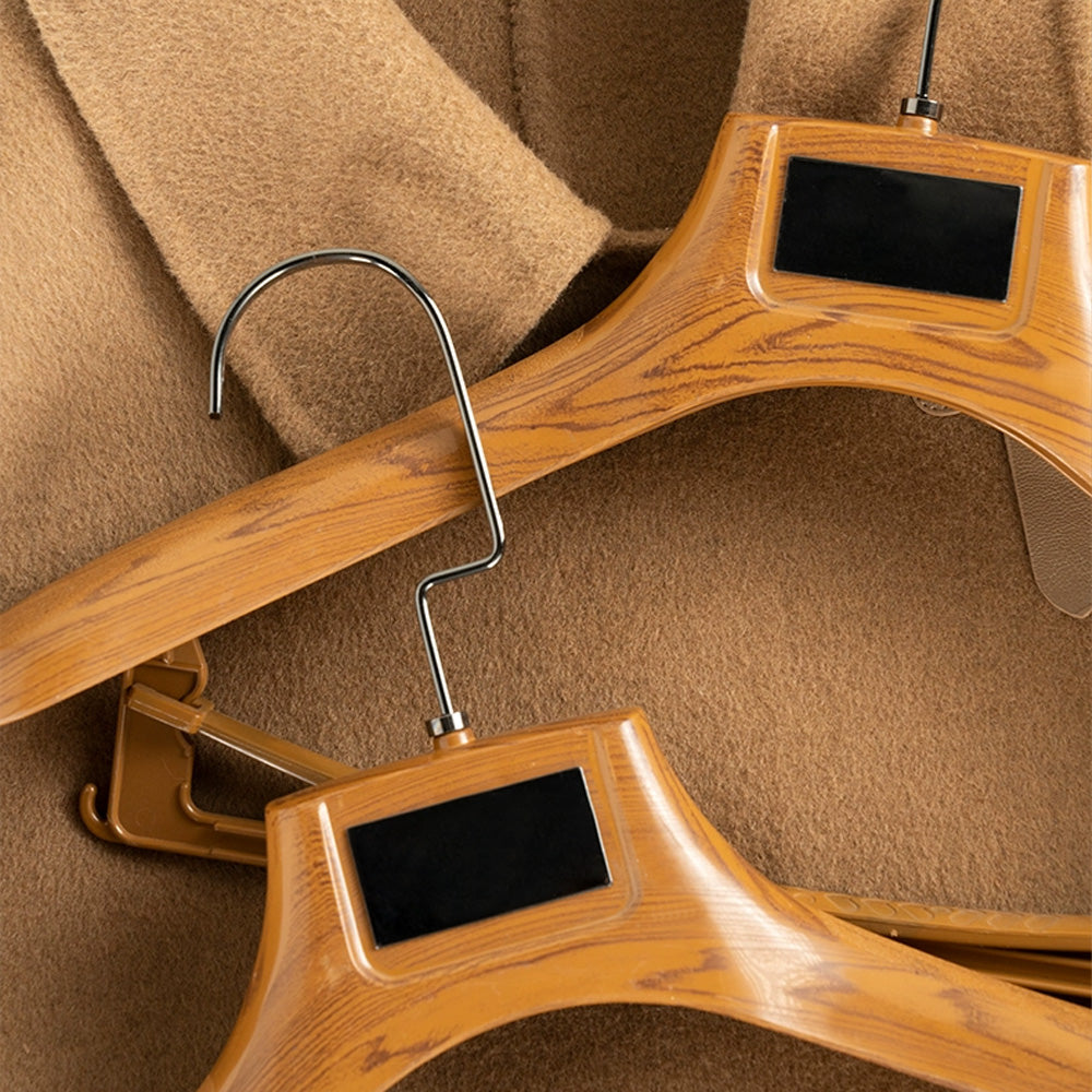 Custom Logo Faux Wood Plastic Suit Hangers with Pants Bar | Wholesale