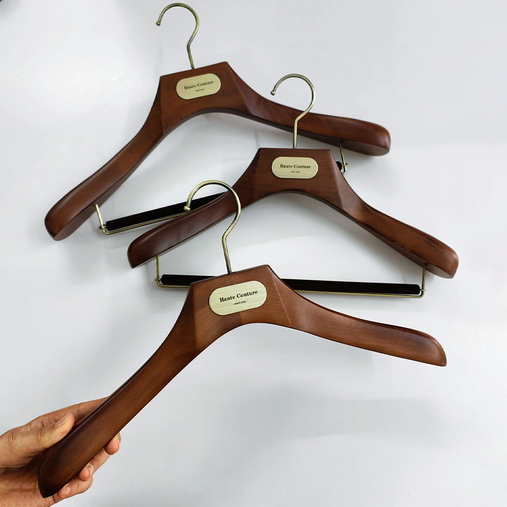 Custom Wooden Suit Hangers with Metal Logo Plate | Wholesale MOQ 50