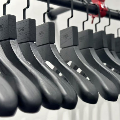 Custom Black Solid Wood Hangers with Ash Wood Grain Texture and Clips