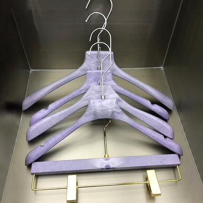Purple Wood Grain Resin Hangers with Pants Clips for Boutiques