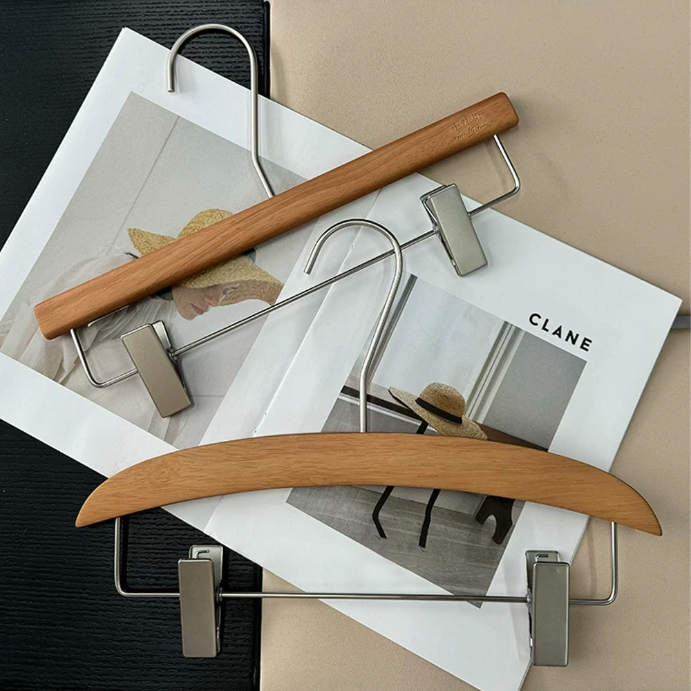 Vintage Walnut Solid Wood Hangers with Clips for Suits and Pants