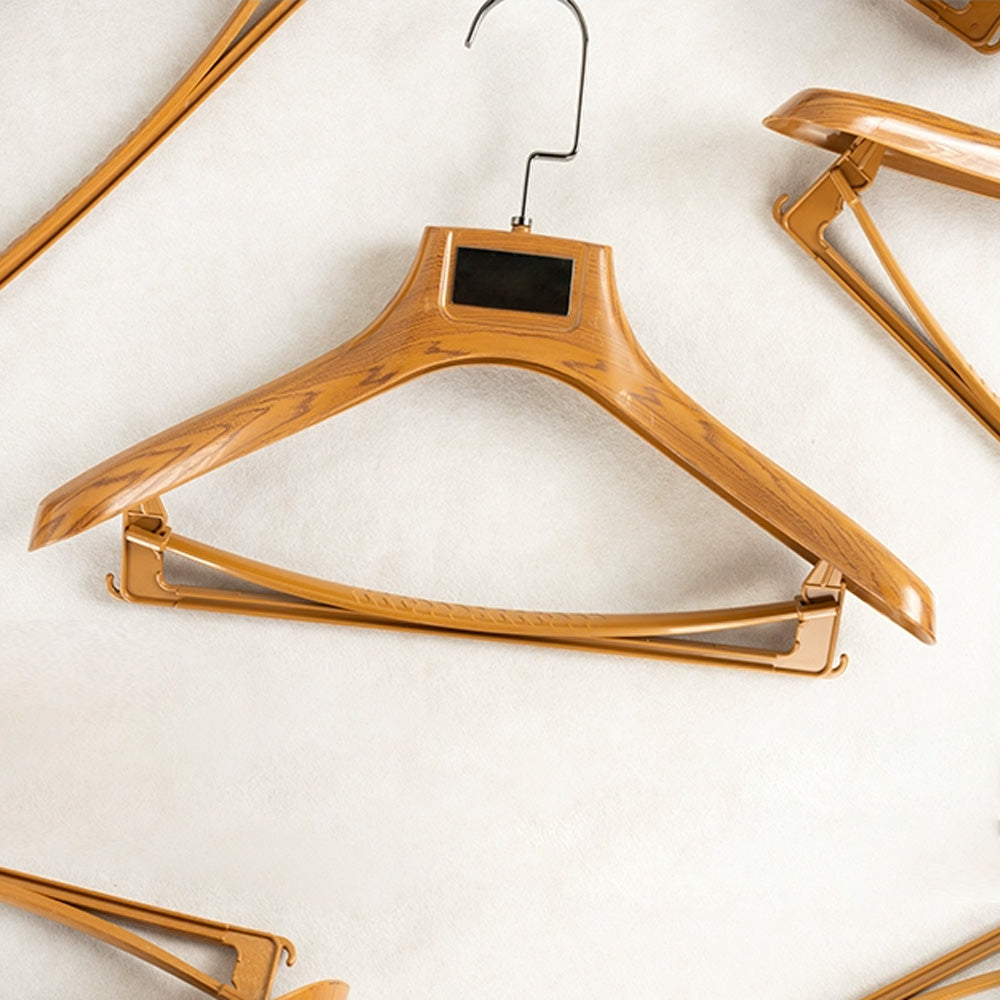 Custom Logo Faux Wood Plastic Suit Hangers with Pants Bar | Wholesale