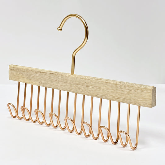 Wooden Hanger Tie & Scarf Organizer | Camphor Wood | Rose Gold Hooks