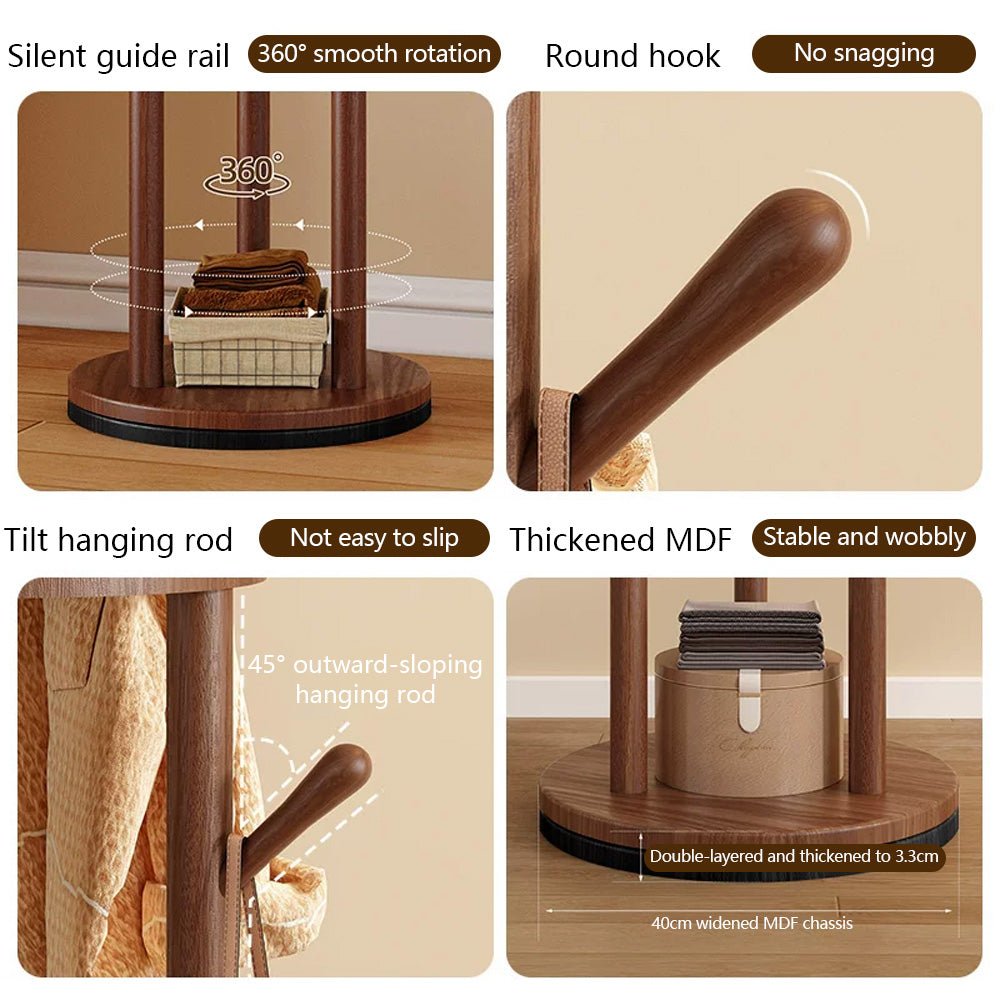 Freestanding Wood Coat Rack & Clothing Rack with Shelves – 360° Rotating Floor Stand