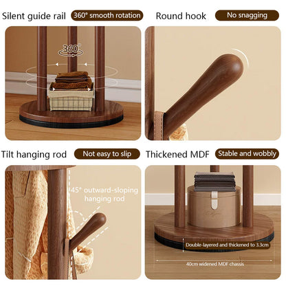 Freestanding Wood Coat Rack & Clothing Rack with Shelves – 360° Rotating Floor Stand