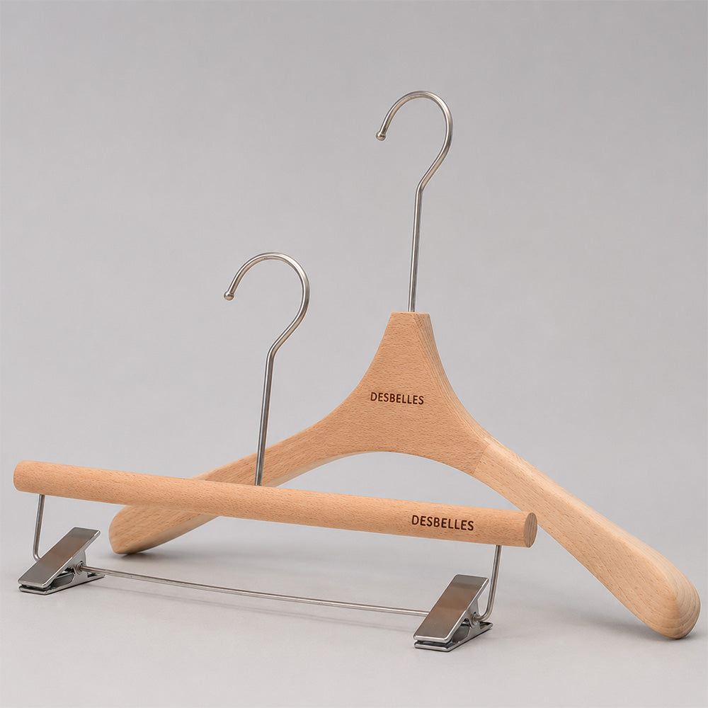Beech Wood Clothes Hangers with Pants Clips and Custom Logo for Retail