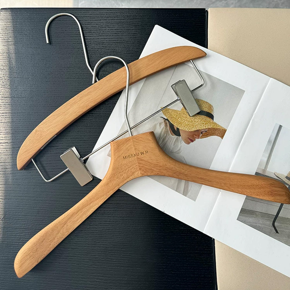 Vintage Walnut Solid Wood Hangers with Clips for Suits and Pants