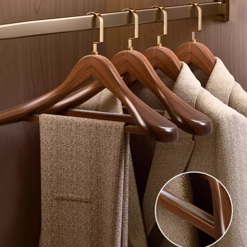Brown solid wood hangers, gold flat hooks, non-slip serrated design, suitable for clothes and trousers
