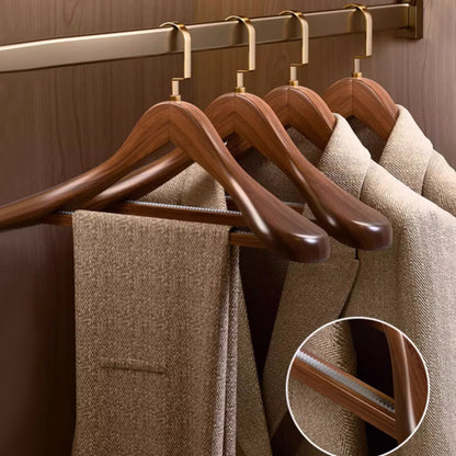 Brown solid wood hangers, gold flat hooks, non-slip serrated design, suitable for clothes and trousers