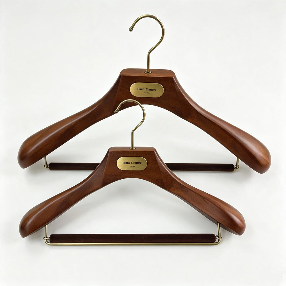 Custom Wooden Suit Hangers with Metal Logo Plate | Wholesale MOQ 50
