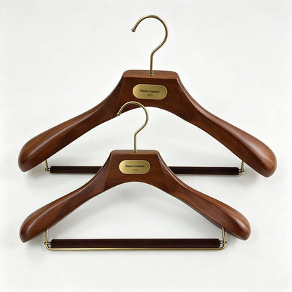 Custom Wooden Suit Hangers with Metal Logo Plate | Wholesale MOQ 50