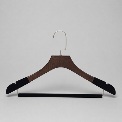 Custom Solid Wood Suit Hanger with Flocked Shoulders & Pants Bar