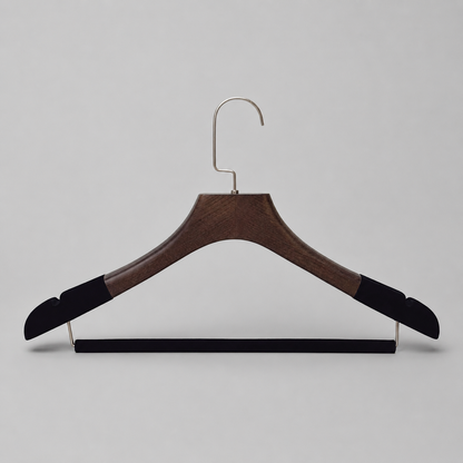 Custom Solid Wood Suit Hanger with Flocked Shoulders & Pants Bar