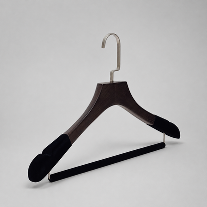 Custom Solid Wood Suit Hanger with Flocked Shoulders & Pants Bar