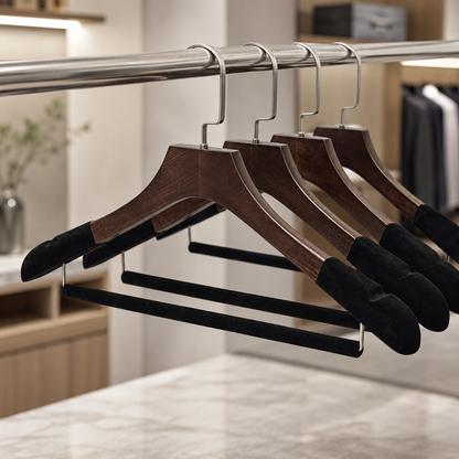 Custom Solid Wood Suit Hanger with Flocked Shoulders & Pants Bar