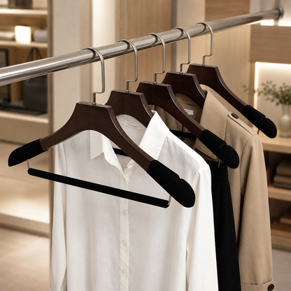 Custom Solid Wood Suit Hanger with Flocked Shoulders & Pants Bar