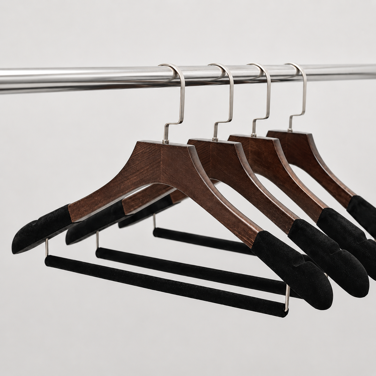 Custom Solid Wood Suit Hanger with Flocked Shoulders & Pants Bar