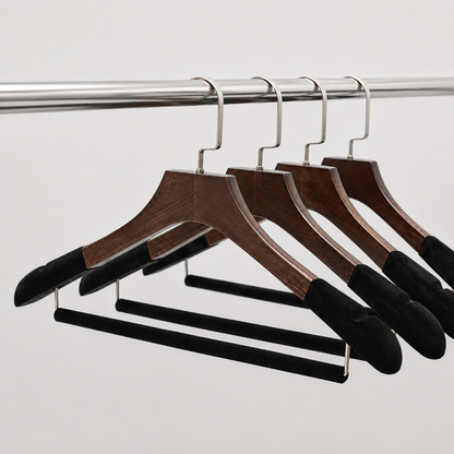 Custom Solid Wood Suit Hanger with Flocked Shoulders & Pants Bar