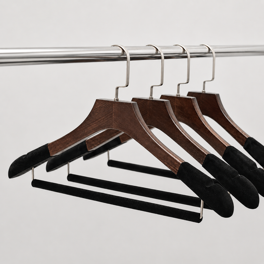 Custom Solid Wood Suit Hanger with Flocked Shoulders & Pants Bar