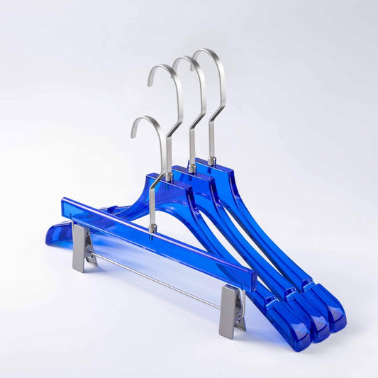 Premium Blue Acrylic Clothes Hanger with Pants Clip - Durable Unisex Store Display