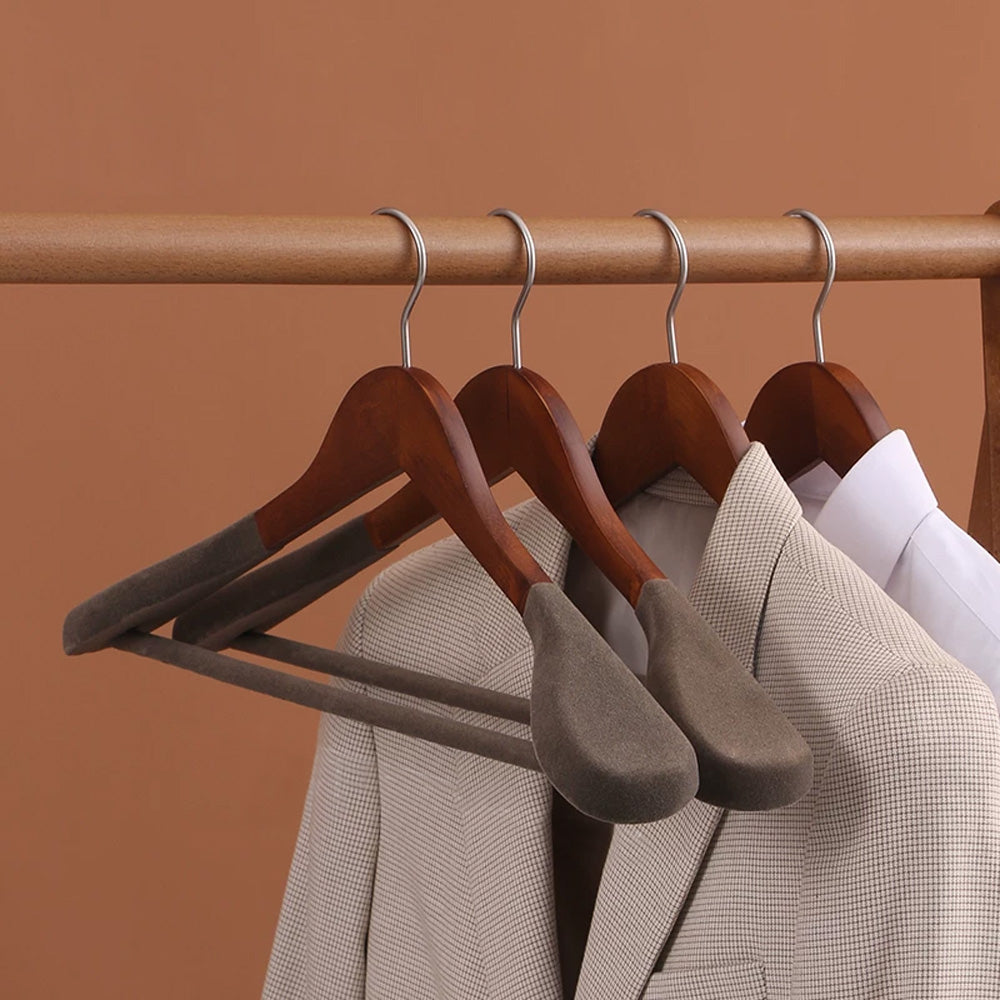 Premium Wooden Flocked Hanger - Non-Slip Wide Shoulder for Aldult Suits & Coats