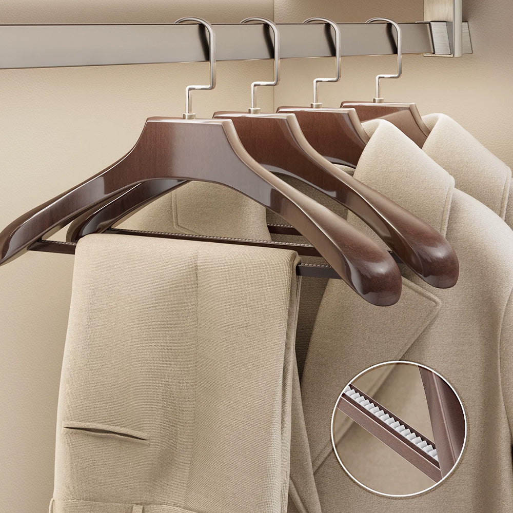 Premium Wooden Hangers with Bar - Non-Slip Wide Shoulder Hotel Boutique Display