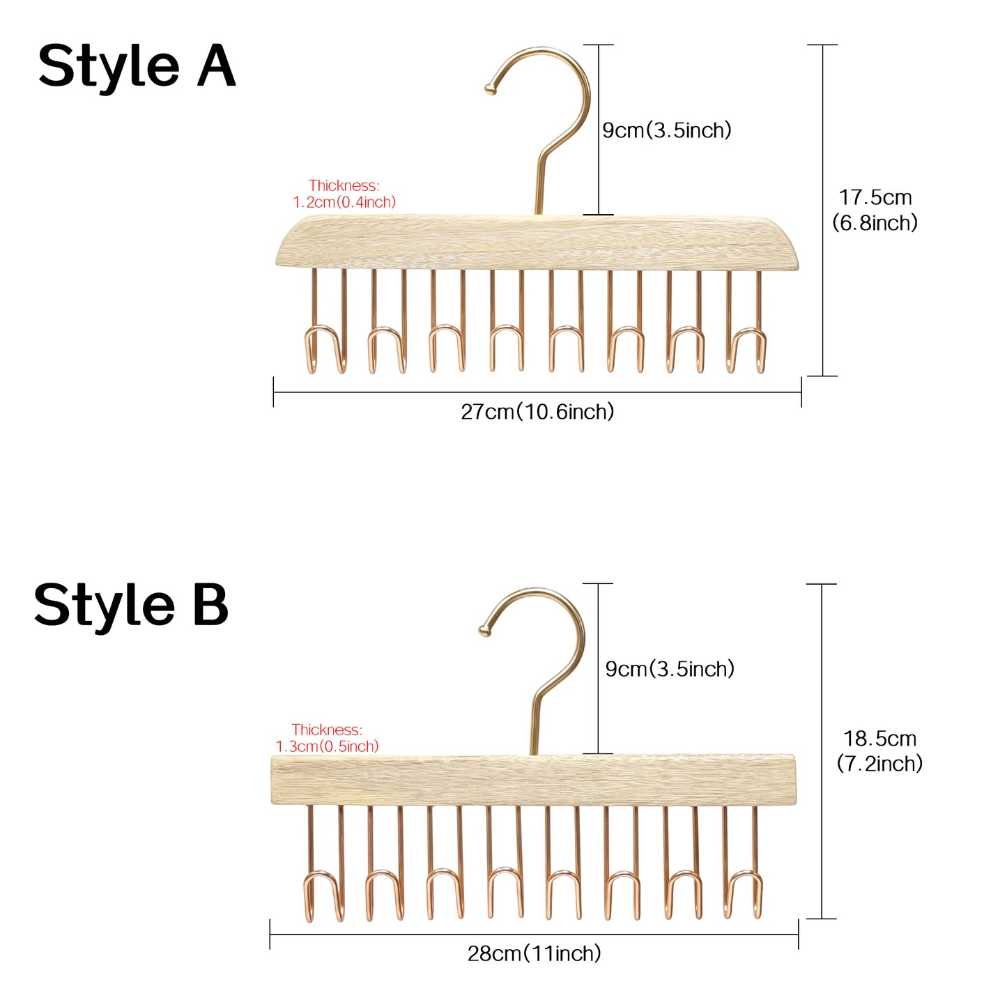 Wooden Hanger Tie & Scarf Organizer | Camphor Wood | Rose Gold Hooks