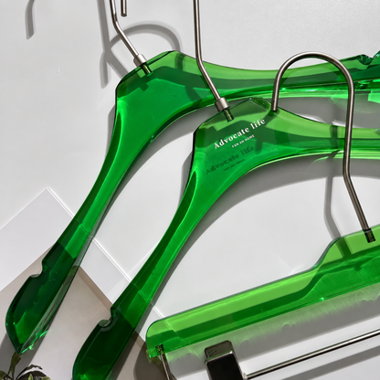 Custom Green Acrylic Hangers with Logo | Wholesale Clothing Hangers