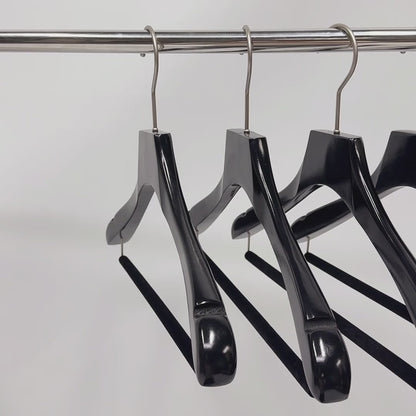 Black Luxury Wooden Suit Hangers with Pants Bar | Glossy Lacquer Jacket Hanger