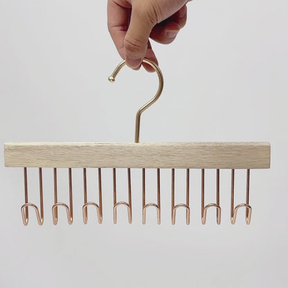 Wooden Hanger Tie & Scarf Organizer | Camphor Wood | Rose Gold Hooks