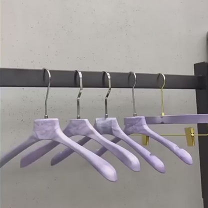 Purple Wood Grain Resin Hangers with Pants Clips for Boutiques