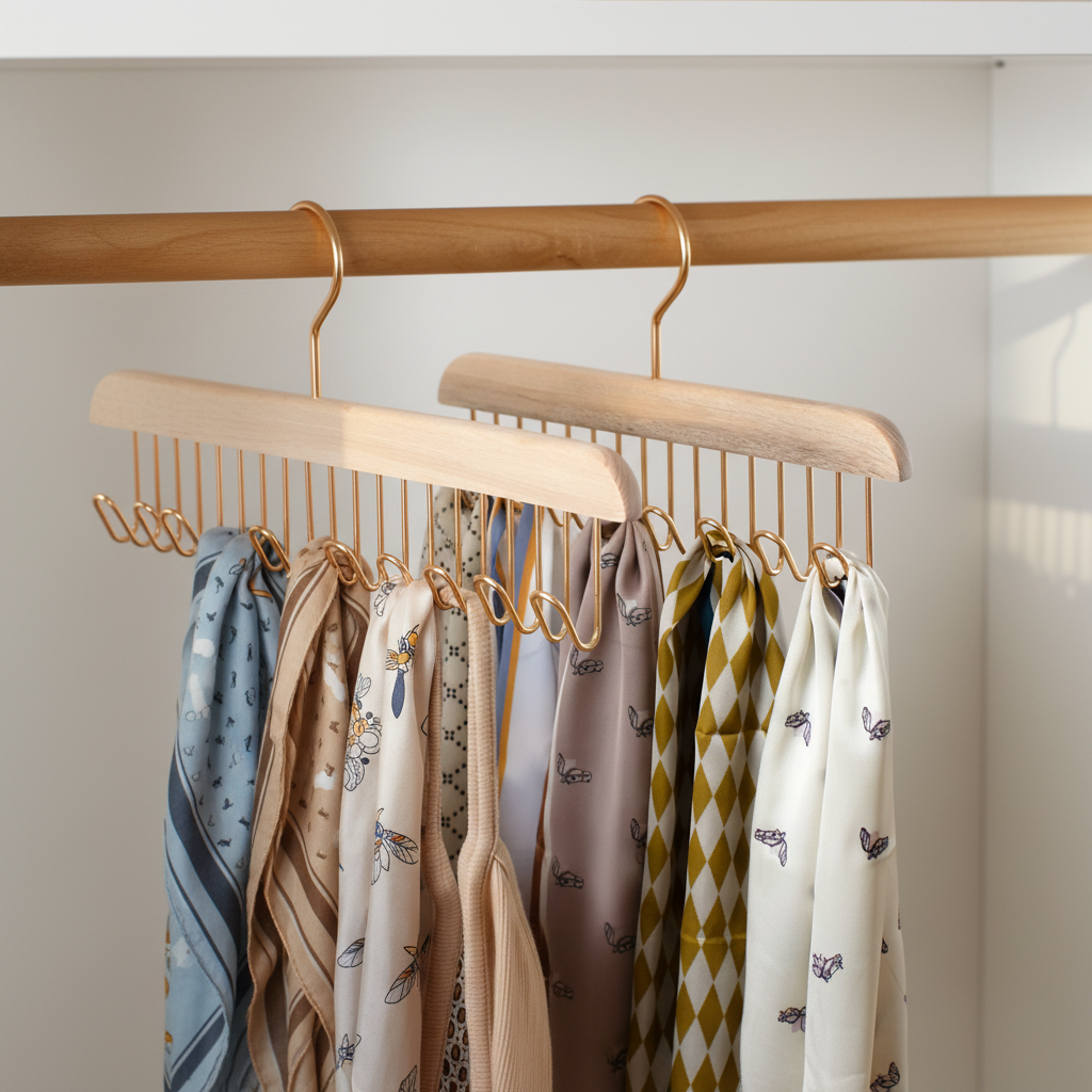 Wooden Hanger Tie & Scarf Organizer | Camphor Wood | Rose Gold Hooks